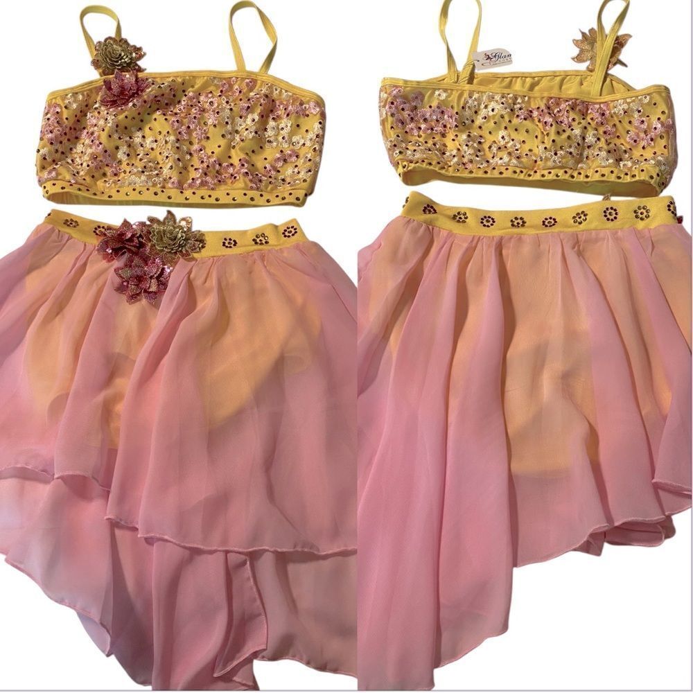Glamour solo dance costume 5378 pastel yellow pink 2 piece lyrical skirt top MA
